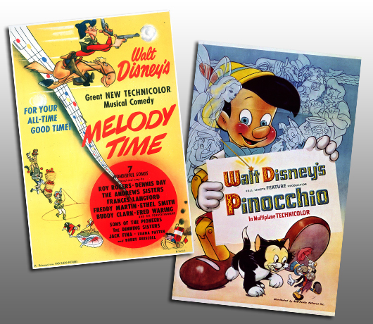 Posters for Walt Disney's Melody Time and Pinocchio