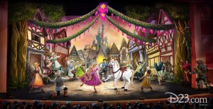 illustrated stage scene from the animated feature Tangled showing Rapunzel dancing center stage with a white horse