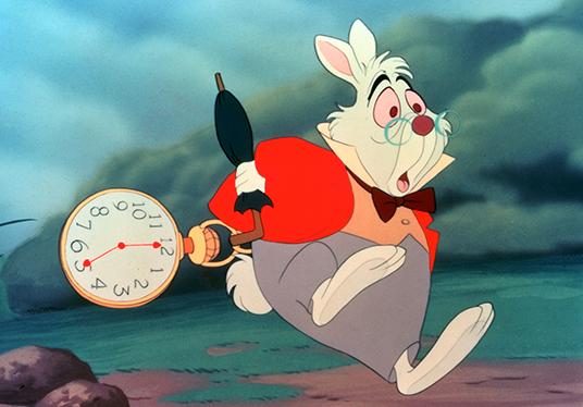 illustration of White Rabbit running with his huge pocket watch in scene from animated film Alice in Wonderland