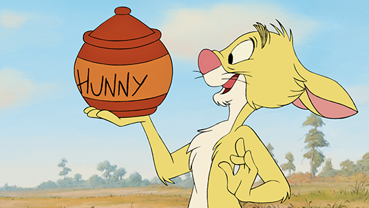 illustration of rabbit character from Winnie the Pooh, holding up a large honey jar