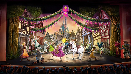 illustration of a full stage production set in a village with a dancing woman and a white horse surrounded by villagers beneath bright colored streamers from Tangled: The Musical