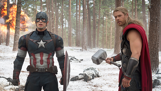movie still featuring Captain America and Thor