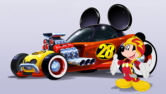 illustration of toy Mickey Mouse-themed drag racing car and cartoon Mickey Mouse in a driving helmet