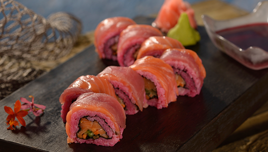 photo of bright red colored sushi at Trader Sam's Grog Grotto at the Disney Polynesian Village Resort