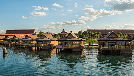 photo of row of resort bungalows suspended over water on pylons