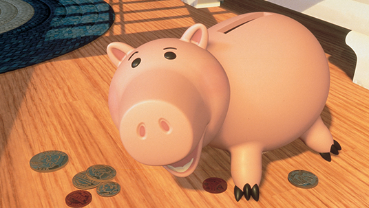 still of Hamm from Toy Story surrounded by coins