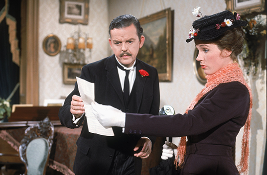 still from the movie Mary Poppins featuring George Banks and Julie Andrews