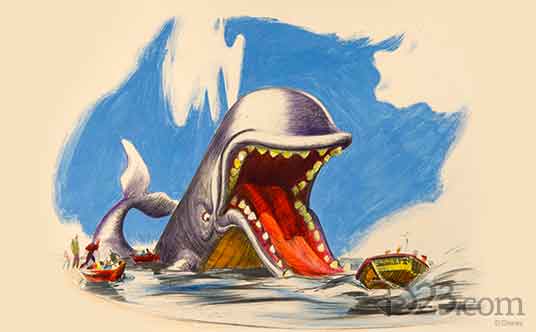 illustration of giant whale menacing rowboats