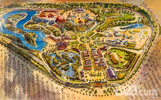 painted illustration of proposed layout of Disneyland park