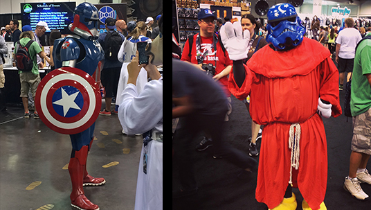 split photo showing conference goers dressed up as Captain America, Princess Leia, and various Storm Troopers