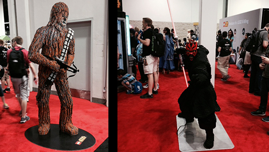 two photos of life-size figures of Chewbacca, Darth Maul from Star Wars movies on display