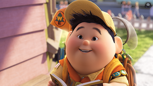 frame from animated feature Up! featuring character Russell in his Senior Wilderness Explorer outfit