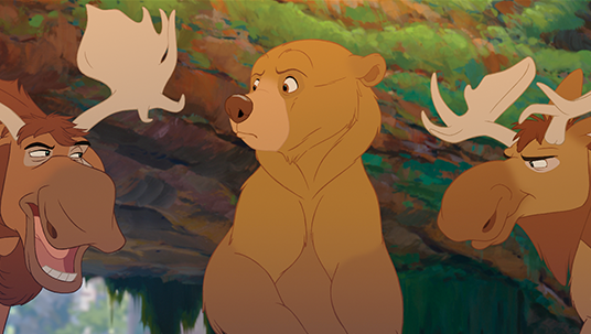 frame from animated movie Brother Bear featuring the character Kenai as a bear talking with two moose brothers