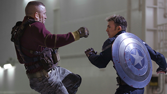 movie still of Captain America fighting assailant