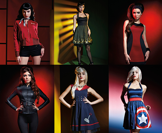 collage of six photos of female models in various dresses and outfits inspired by The Avengers