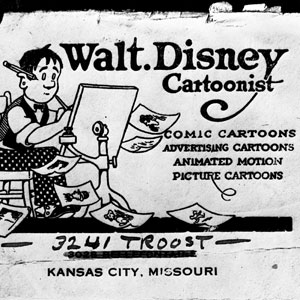 illustration of young Walt Disney in an ad for cartoonist from Kansas City Missouri