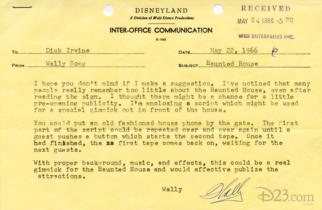 typewritten memo from Wally Boag to Dick Irvine dated 22 May 1966 suggesting a special gimmick be added to outside of Haunted Mansion attraction in Disneyland
