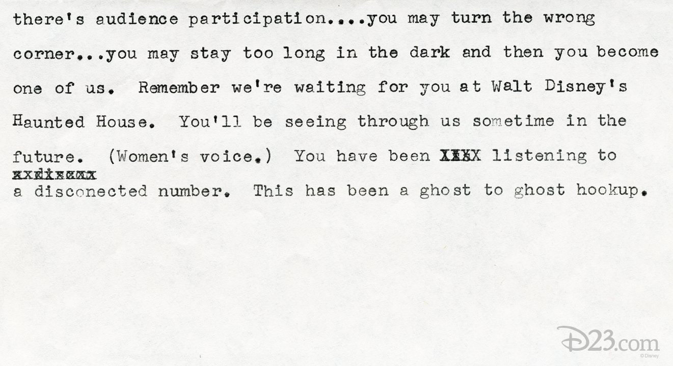 typewritten script continues ghost speaking over phone from inside Haunted Mansion