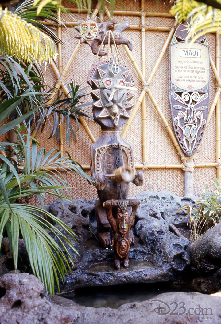 exterior photo of Tiki god carved fountain and sign for Maui outside the enchanted tiki room