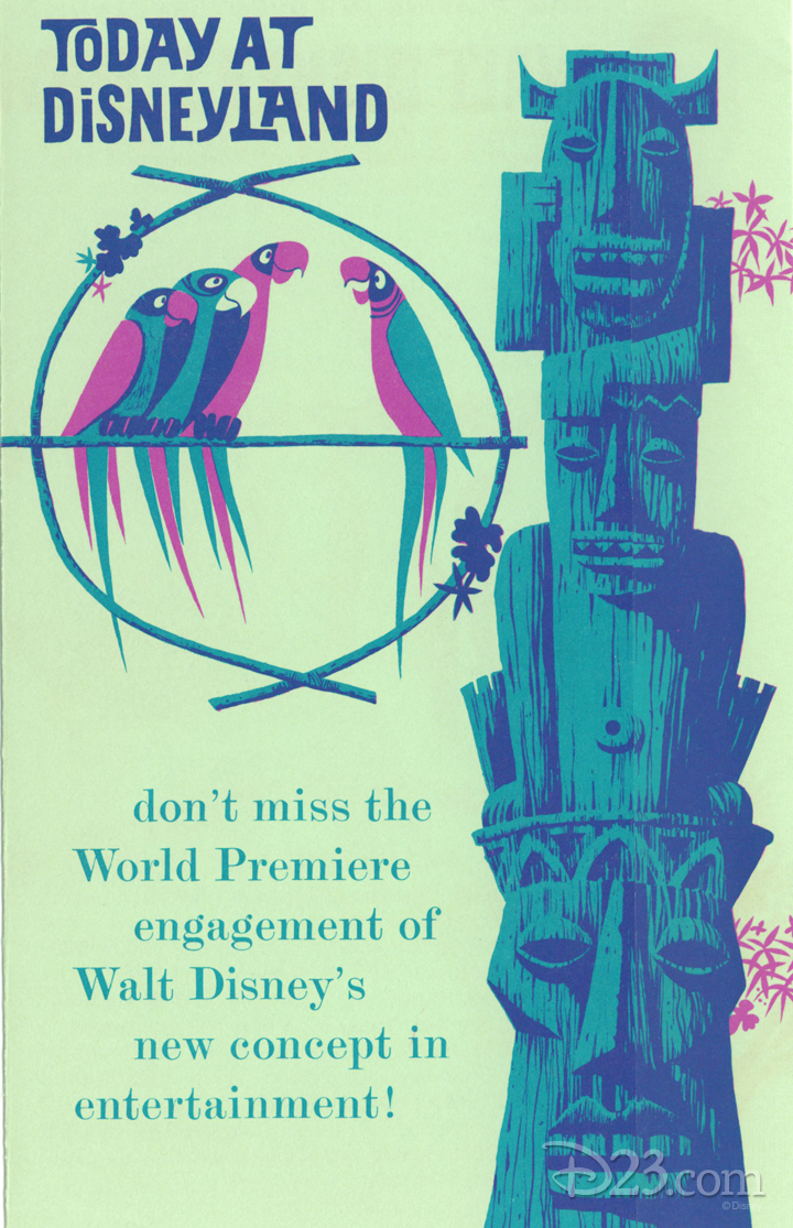 illustrated poster for Today at Disneyland announcing the World Premiere engagement of Walt Disney's new concept in entertainment showing birds perched beside a carved multi-headed Tiki god sculpture