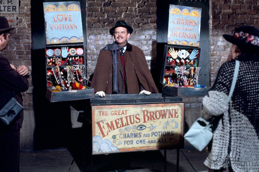 still from movie Bedknobs and Broomsticks showing potion seller behind his cart