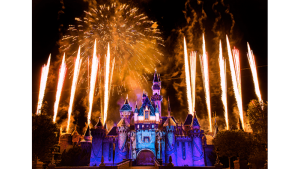 Photo of Disneyland's Sleeping Beauty Castle with Fireworks at night