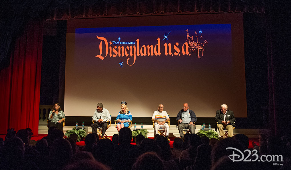 Moderator Becky Cline, Disney Legend Jim Cora, Art Director Kim Irvine, and Disney Legends Jack Lindquist, Marty Sklar, and Tom Nabbe.