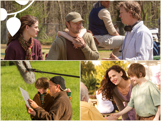 collage of three photos showing Jennifer Garner and members of cast and the director rehearsing or filming scenes from The Odd Life of Timothy Green