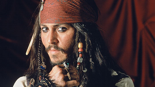 production portrait photo of Johnny Depp as pirate Jack Sparrow
