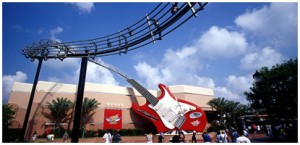 photo of entrance to Rock 'N' Roller Coaster showing giant electric guitar