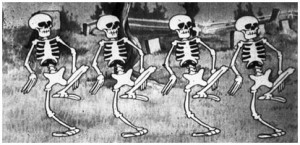 cel frame from cartoon Skeleton Dance showing four skeletons dancing in a row
