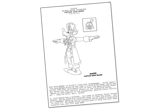 reproduction of page from script for Captian Goof-Beard showing sketch of Goofy as a pirate captain and typewritten description