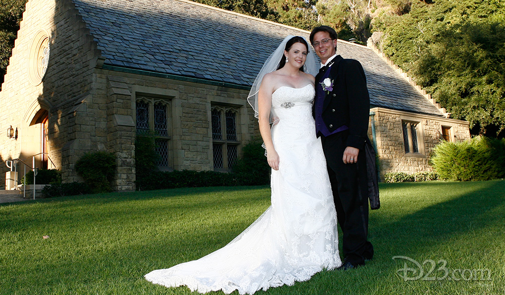 photo of bride and groom Melissa and Jason outside wedding chapel at Forest Lawn