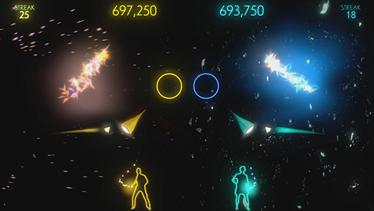 video game screen grab from Fantasia World showing neon-colored silhouetted conductors causing blazing sparks of energy to fly overhead