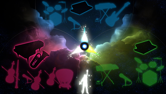 video game screen grab from Fantasia World showing figure of musical conductor gesturing strongly upwards and a sky full of musical instrument icons