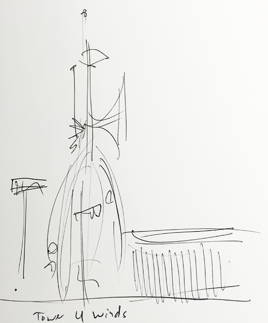 Sketch of Tower of the Four Winds designed by Rolly Crump