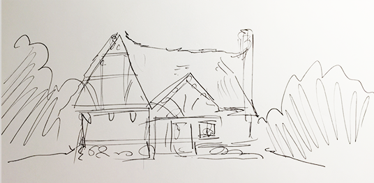 D23 Member sketch of Exterior of the Dwarfs' house from the Seven Dwarfs Mine Train ride.