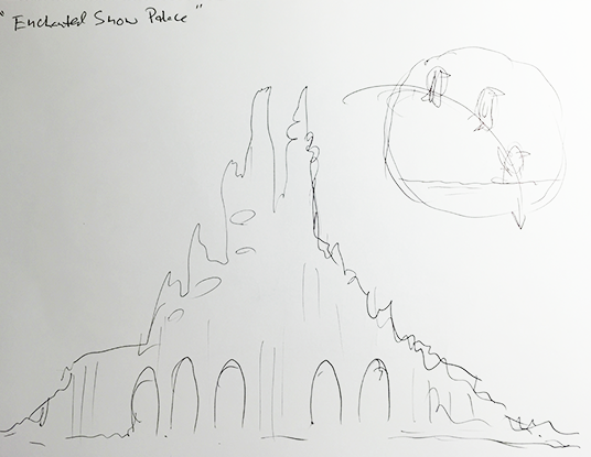 D23 Member Patrick Johnson sketch of A never-realized themed attraction designed by Marc Davis and loosely based on the story of The Snow Queen