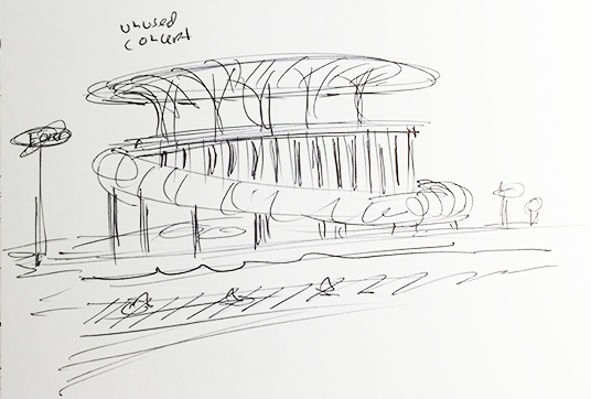 D23 member sketch of unused concepts of pavilions for the 1964 World's Fair