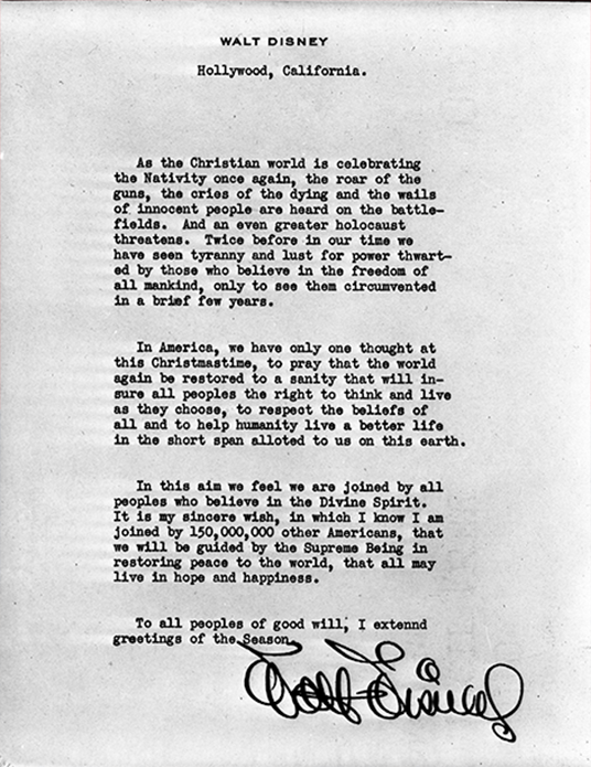 A letter from Walt Disney to the world, written during the Korean War