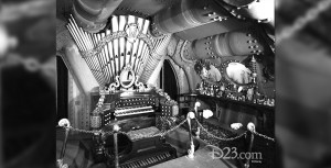 production photo of interior of submarine featuring pipe organ from the movie 20000 Leagues Under the Sea