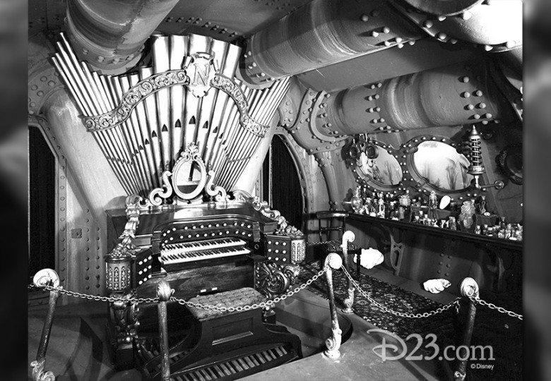 production photo of interior of submarine featuring pipe organ from the movie 20000 Leagues Under the Sea