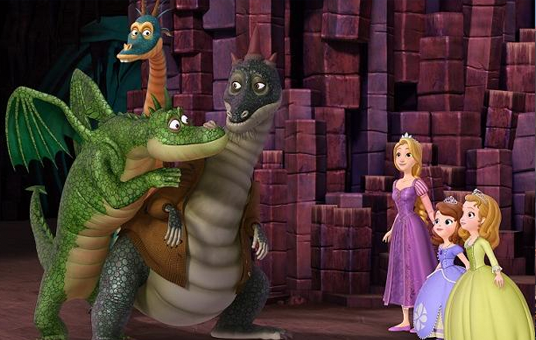 illustration from animated television show Sofia the First: The Curse of Princess Ivy showing three young princesses wearing long dresses and tiaras facing three dragons