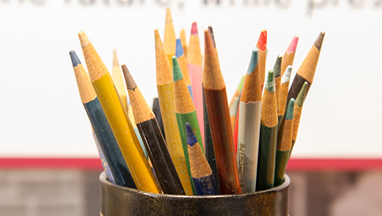 Pencils and pencil holder from Walt Disney's formal office, which was located in the 3-H wing of the Animation Building.