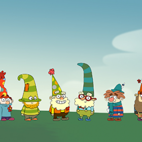 illustrated scene of characters from animated series The 7D featuring Happy, Bashful, Sleepy, Sneezy, Dopey, Grumpy, Doc, and Queen Delightful