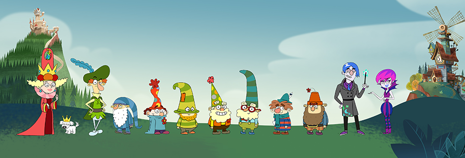 illustrated scene of characters from animated series The 7D featuring Happy, Bashful, Sleepy, Sneezy, Dopey, Grumpy, Doc, and Queen Delightful