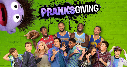 large ensemble photo of teens and pre-teens from Disney XD shows Lab Rats, Wander Over Yonder, and Phineas and Ferb with large overhead banner title Pranksgiving