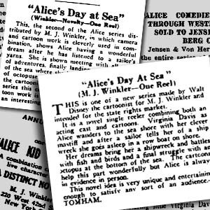 The reviewers loved Alice's Day at Sea. Clockwise from top left: Moving Picture World, May 10, 1924; Independent Exhibitor, December 15, 1924; Motion Picture News, April 26, 1924; early ad, ca. March 1924.