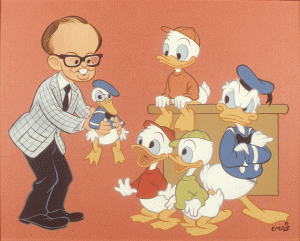 Illustration of Dave Smith caricatured holding a small Donald Duck out to the real Donald Duck and Huey, Dewey, and Louie