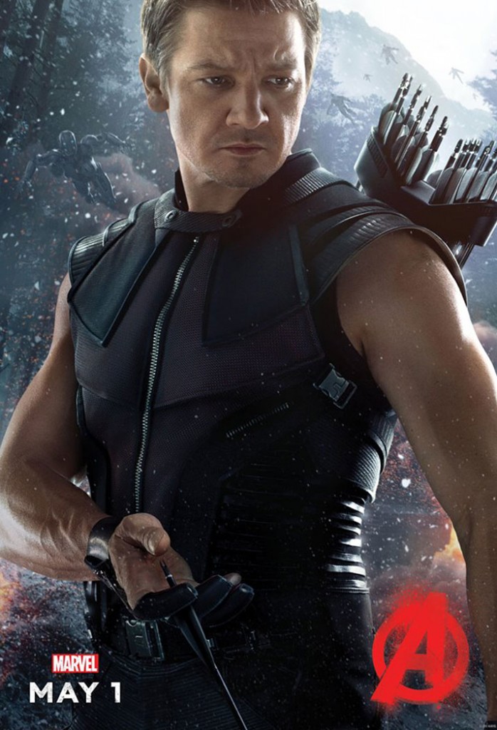 movie poster of actor Jeremy Renner as Hawkeye in the Marvel movie Avengers: Age of Ultron